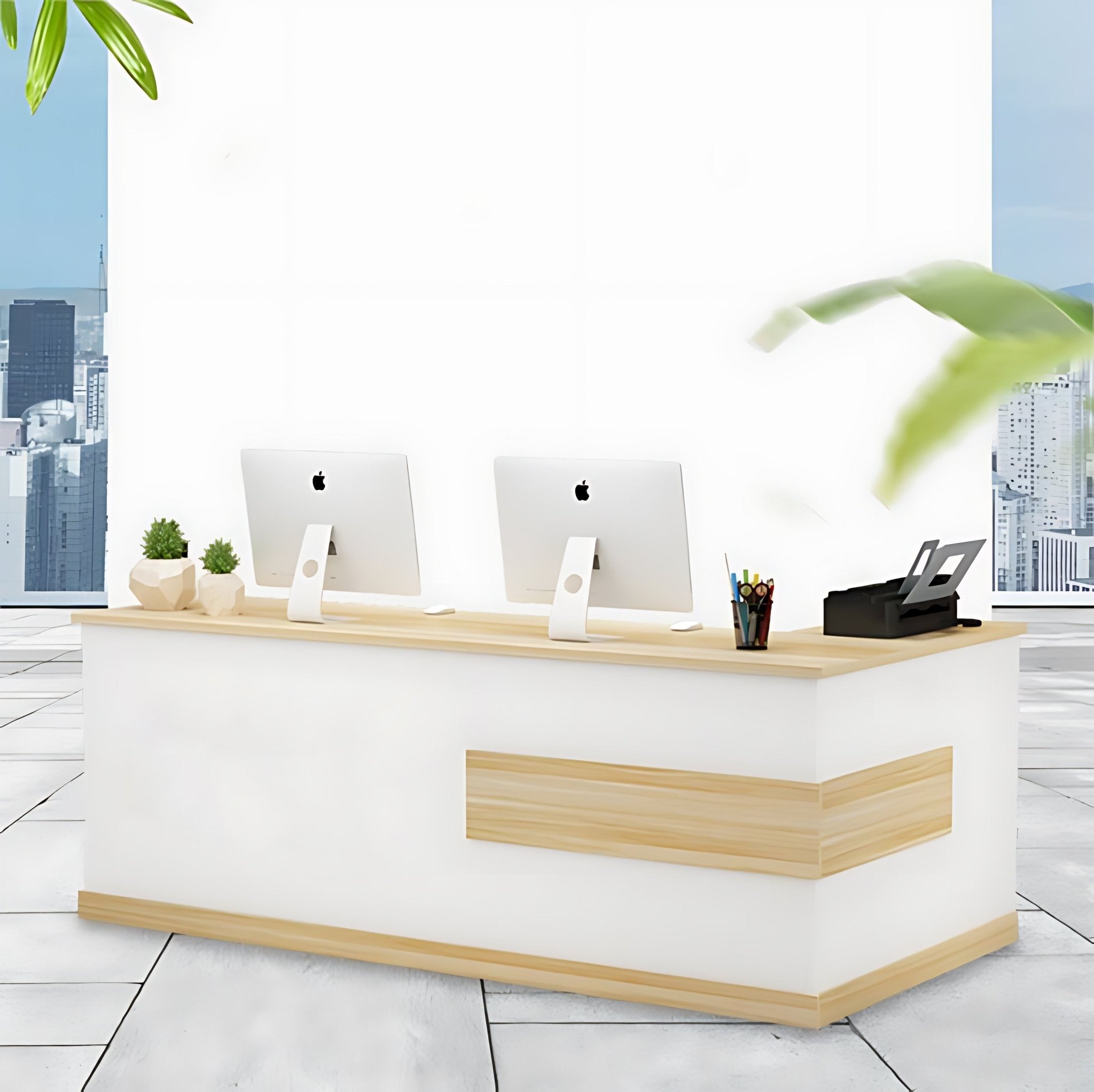 Modern Minimalist Reception Desk - White & Maple - Maoters